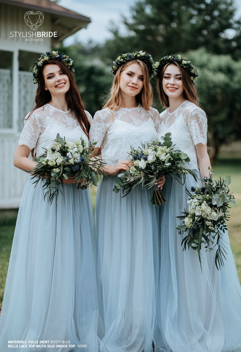 Dusty Blue Boho Bridesmaids Separates: Rustic Bridesmaid Dresses, Dusty Blue Waterfall Tulle Skirt and Belle Lace Top Available in Plus Size image 3