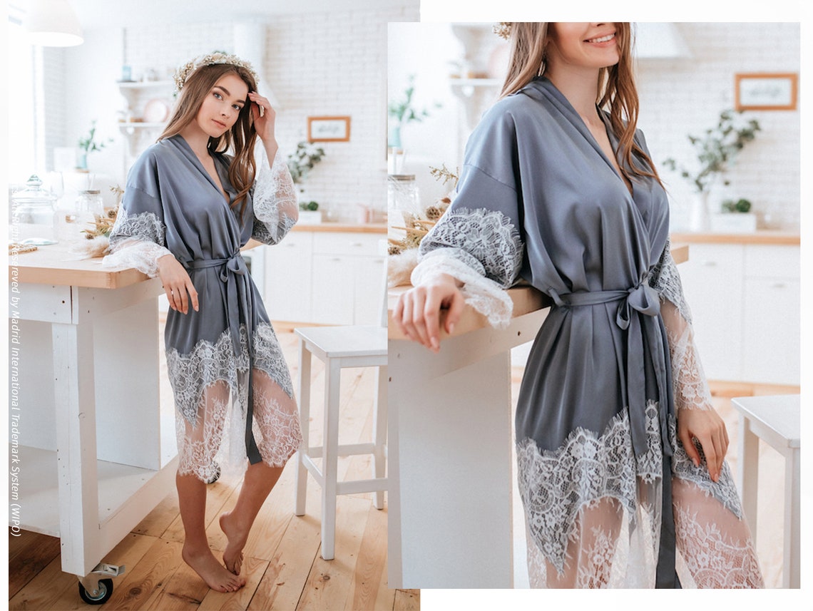 Slate Grey Silk Satin Robe Grey Silk Robe Gray Graphite Etsy