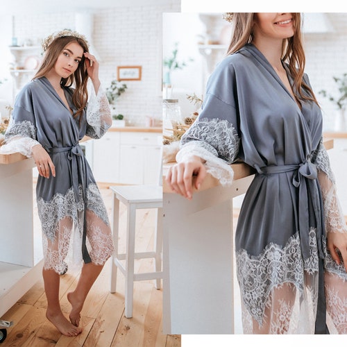 Slate Grey Silk Satin Robe Grey Silk Robe Gray Graphite Etsy