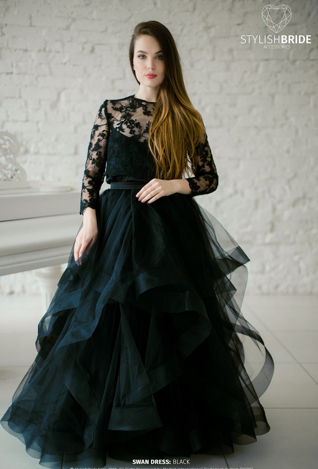 Swan Wave Horsehair Dress Black Engagement Tulle Dress