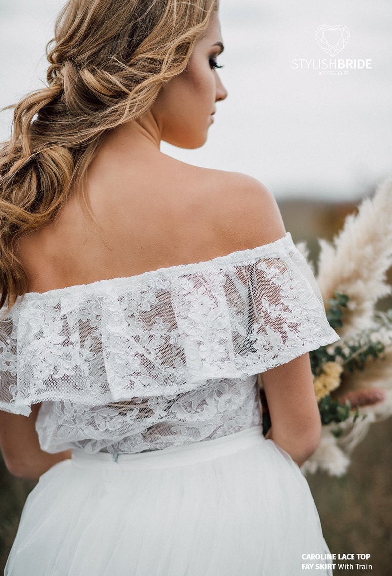 Carolina Boho Lace Off-The-Shoulder Dress, Bridal Lace Tulle Dress, Deflated Shoulders Simple Wedding Rustic Gown image 6