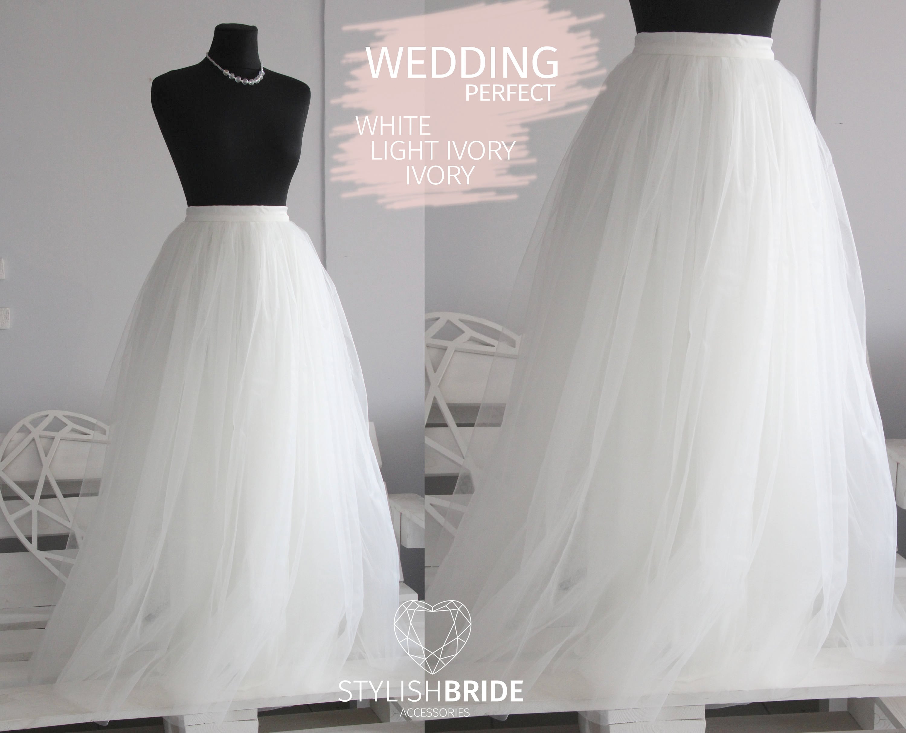 Custom Gown Fay Wedding Long Tulle Skirt Casual Floor length with Train, Tulle Skirt White Light Ivory Bridesmaids Tulle Skirt