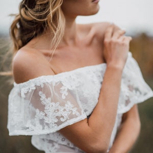 Carolina Boho Lace Off-The-Shoulder Dress, Bridal Lace Tulle Dress, Deflated Shoulders Simple Wedding Rustic Gown image 5