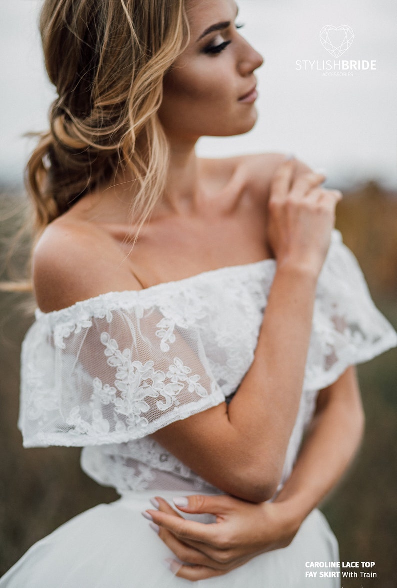 Carolina Boho Lace Off-The-Shoulder Dress, Bridal Lace Tulle Dress, Deflated Shoulders Simple Wedding Rustic Gown image 5