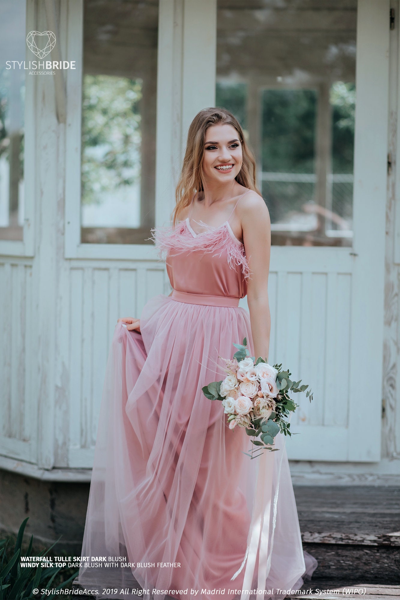 Windy Feather Dark Blush Separates Silk Cami Top With Feather Trim Waterfall Floor Length Tulle Skirt Prom or Evening Dress in Plus Size Etsy