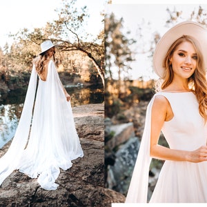 NEW! Chiffon bohemian dress with train and airy long wings and low open back, simple chiffon wedding dress, chiffon bridal dress | Jess