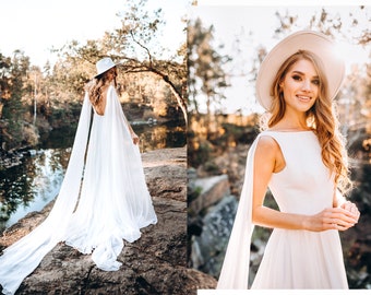 NEW! Chiffon bohemian dress with train and airy long wings and low open back, simple chiffon wedding dress, chiffon bridal dress | Jess