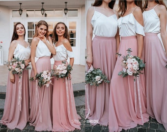 Blush Palette Chiffon Bridesmaid Separates: Chiffon "Sunset" Full Sun Flying A-line Skirts and Silk Tops available in Plus Sizes