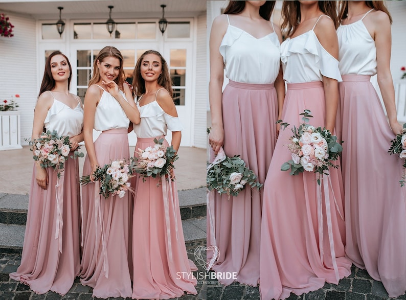 Blush Palette Chiffon Bridesmaid Separates: Chiffon Sunset Full Sun Flying A-line Skirts and Silk Tops available in Plus Sizes image 1