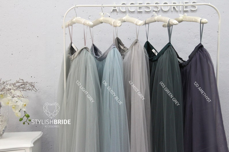 Jupe longue en tulle rustique gris bleu vert palette cascade, demoiselles d'honneur boho, jupes en tulle bleu poussiéreux, robes de demoiselles d'honneur bohème image 4