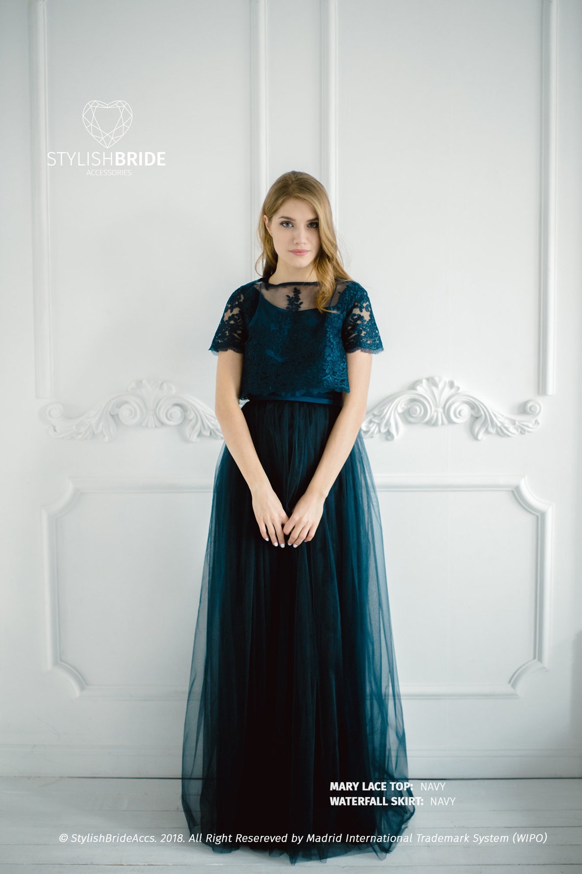 Navy Lace Mary Dress Bridesmaids Long Dark Blue Waterfall image 1