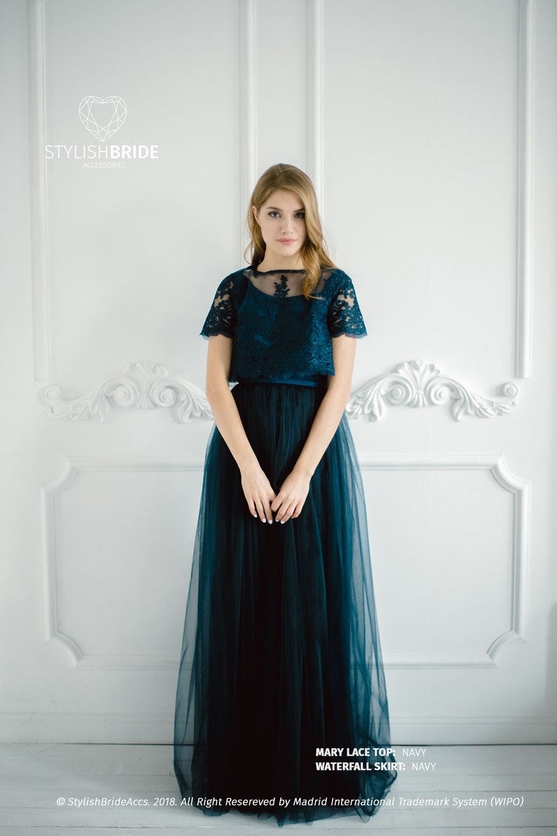 Navy Lace Mary Dress, Bridesmaids Long Dark Blue Waterfall Tulle Skirt, Blue Engagement Prom Dresses Plus Size image 1