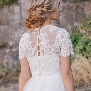 Belle Buttoned back Wedding Lace Crop Top,  White or Ivory Lace Crop Top Tops, Engagement lace top plus size