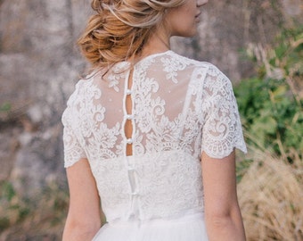Belle Buttoned back Wedding Lace Crop Top,  White or Ivory Lace Crop Top Tops, Engagement lace top plus size