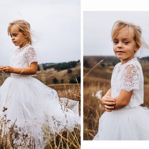 White/Ivory flower girl tulle dress, toddler long tulle lace separates, maxi toddler tulle skirt | Belle  + hair band as a gift!