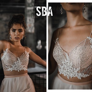 Mysteria Glitter Lace Top Thin Straps, Bridal Glitter Lace Crop Top, Fitted Engagement Sparkle Bridal Separates, SBA