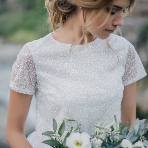 Glitter Star Ivory Trendy Top, Prom Ivory party crop top, Ivory engagement glitter top, Bridesmaids or Bridal Sparkle blouse plus size