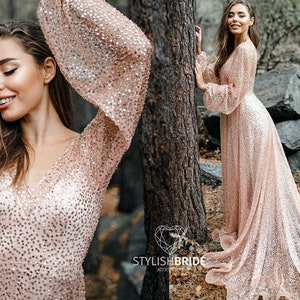 Mermaid rose gold bridal dress, rose gold wedding dress, rose gold engagement separates, two pieces transparent sheer bridal gown