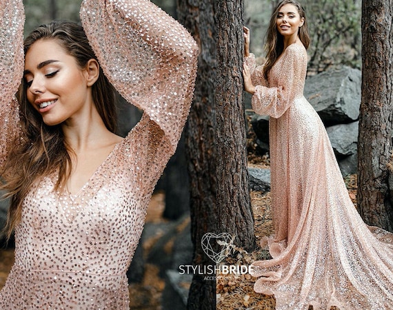 Rose Gold or Pink Long Sleeves Beaded Sparkle Ball Gown Wedding Dress With  Glitter Tulle Various Styles - Etsy | Ball gowns wedding, Ball gown wedding  dress, Ball gowns