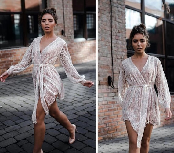 Breathtaking Beaded queen Lux Sequin Wrap Short Bridal Dress Sparkle New Year Christmas Sequin Party Wrap Balloon Sleeve Mini Dress Etsy