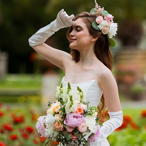 Euphoria: Trendy Wedding Dress Set With Voluminous Silk Satin Ruffle Skirt, Bridal Corset and High Satin Gloves image 8