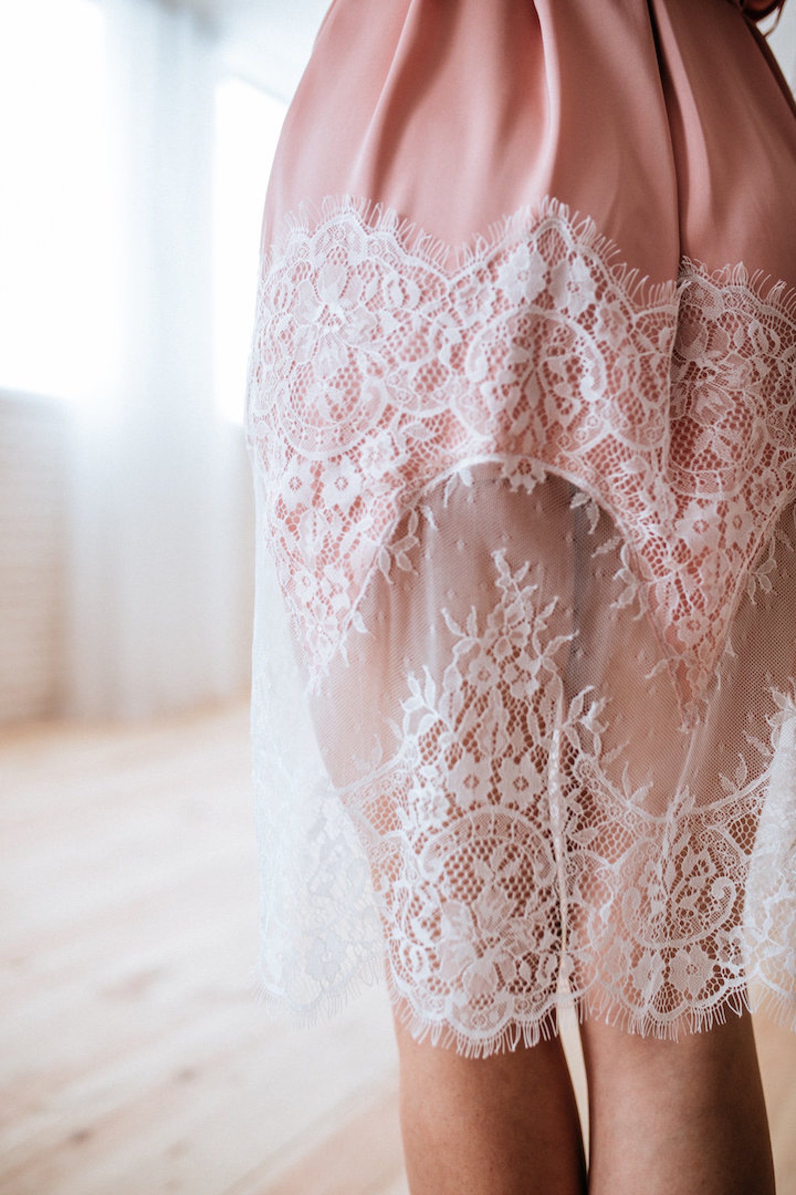 Blush Silk Robe Blush Bridal Robe With Wide Lace Trim Gift Etsy