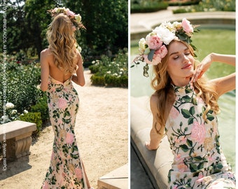 Floral Bliss: Halter Neck Maxi Dress Flower Roses Print with Back Slit and Open Back for Bridesmaids or Romantic Garden Wedding