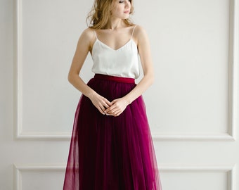 Mulberry Bridesmaids Dress with Silk Classic Cami Top and  Tulle Skirt, Wine Long Floor Length Waterfall Tulle Skirt, Prom Wine Dress