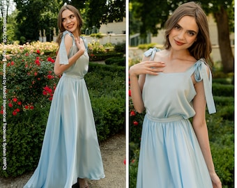 Gwen A-Line Silk Satin Skirt and Bow Shoulder Top Separates, Soft Blue Floral Bridesmaid Dress by Stylishbrideaccs, Handmade in Ukraine