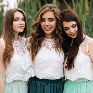 Boho Green Grey Palette Bridesmaid Separates : Pistachio/Green Grey/Herbal Green Waterfall Tulle Skirt and Allure Lace Tops Plus Size image 4