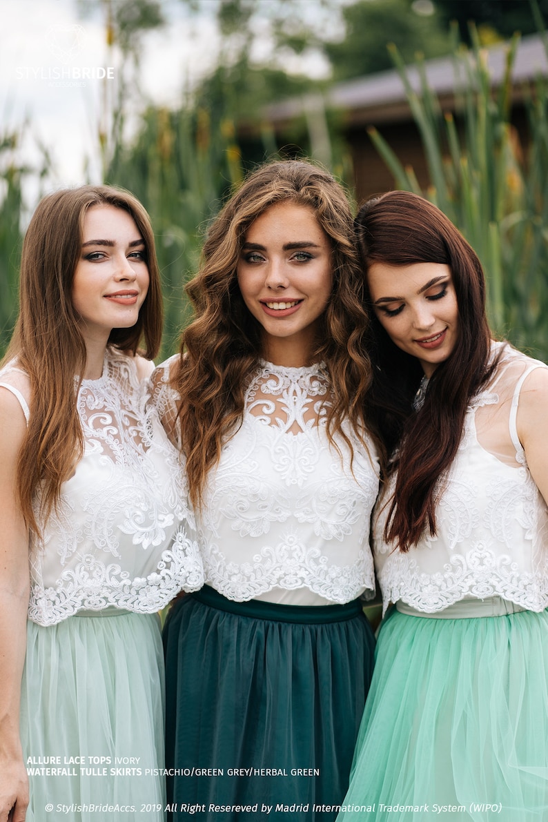 Boho Green Grey Palette Bridesmaid Separates : Pistachio/Green Grey/Herbal Green Waterfall Tulle Skirt and Allure Lace Tops Plus Size image 4