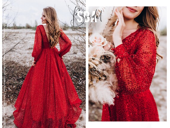 red wedding dress long sleeve