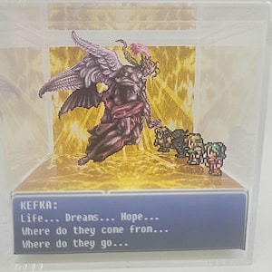 May include: A pixelated diorama featuring a winged figure with a pink plume, and several smaller figures. The background is a golden, glowing design. Text at the bottom reads "KEFKA: Life... Dreams... Hope... Where do they come from... Where do they go..."