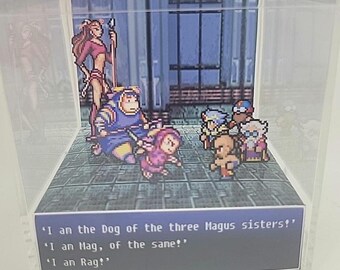 Puede incluir: Un diorama con personajes pixelados de un videojuego. La escena incluye varias figuras, como una mujer de rosa, un personaje azul grande y un grupo de figuras más pequeñas. El texto en la parte inferior dice: "I am the Dog of the three Magus sisters!"