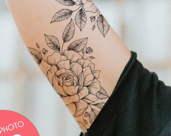 Tatuaje de rosa grande / Tatuaje temporal de rosa / Tatuaje bohemio vintage / Tatuaje de flor hippie / Tatuaje de manga falsa con diseño floral
