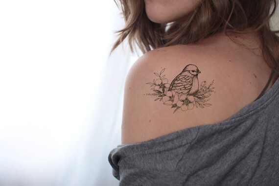 Bird Tattoo Fake Tattoo Black And White Floral Bird Tattoo Girly Tattoo Big Tattoo Hipster Girl Temporary Tattoo By Temp Tat