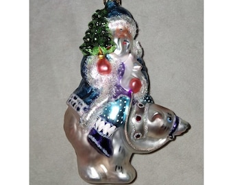Department 56 Hand Blown Glass Santa Riding Polar Bear Christmas Ornament 6"