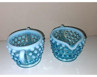 Vintage Blue Hobnail Glass Mini Sugar and Creamer Set Baby Blue Opalescent