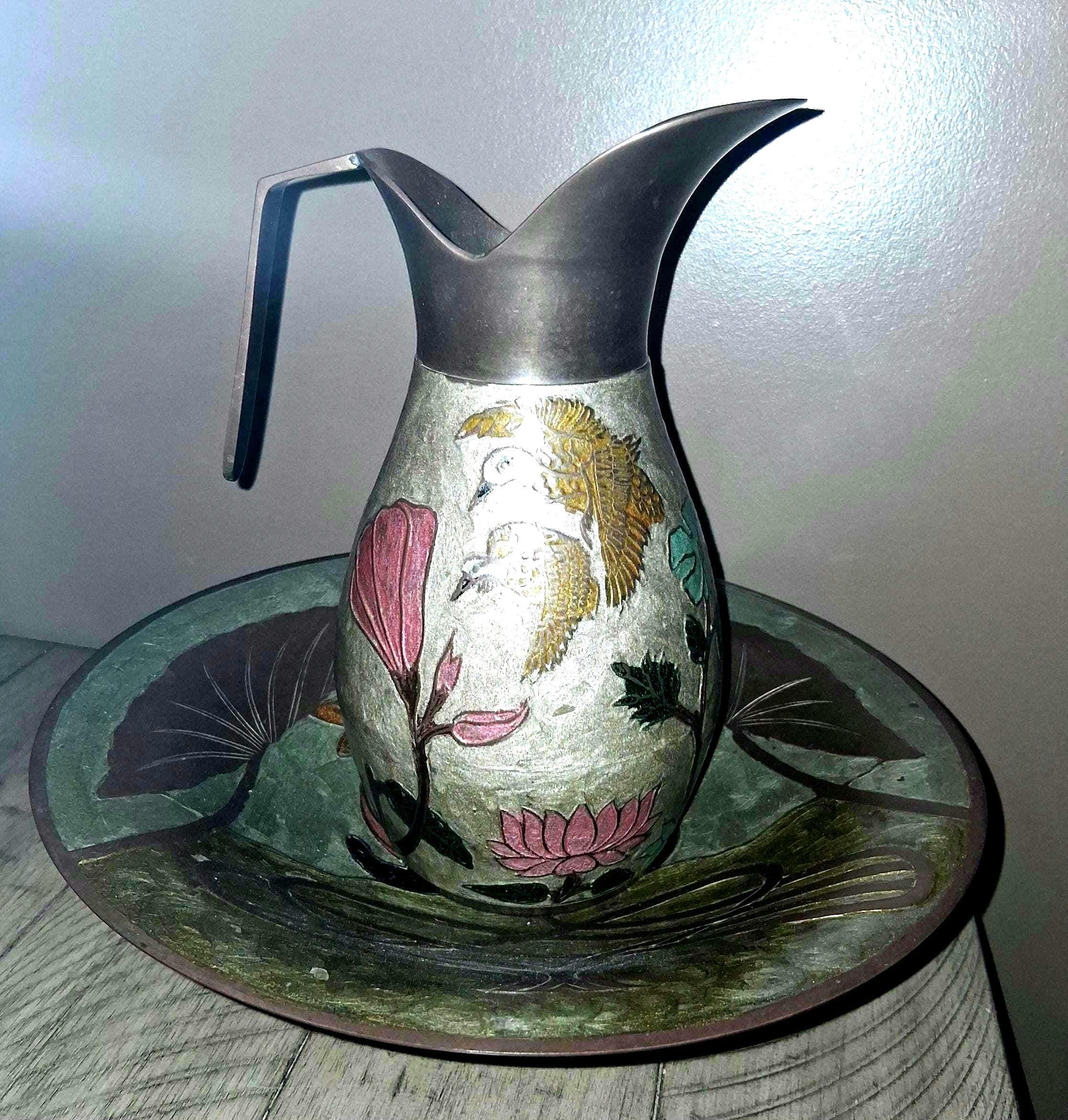 Pichet Ancien En Céramique Blanche à Décor D'oiseaux Peints - Anse Vintage