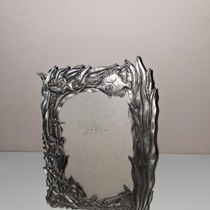 Può includere: Una cornice rettangolare color argento con un tema sottomarino. La cornice è decorata con sculture a rilievo dettagliate di pesci, alghe e altre creature marine. La cornice è progettata per contenere una fotografia o un'opera d'arte.