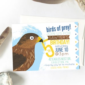 May include: A birthday invitation with a cartoon illustration of a hawk holding a golden key. The invitation has text that reads "birds of prey! Join us for Sawyer's Birthday!" with the date and time. The invitation is on a white background.