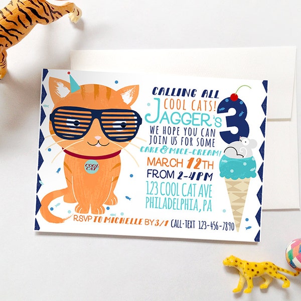 Cat Birthday Invitation, Printable DIY Cat Party Invite, Cool Cat Invite