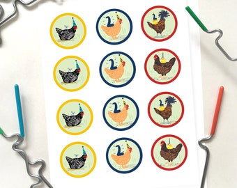 Chicken Birthday Party Cupcake toppers, Farm Birthday Cupcake Toppers, Chicken Printable Tags, Round Chicken Cupcake toppers, Age 1