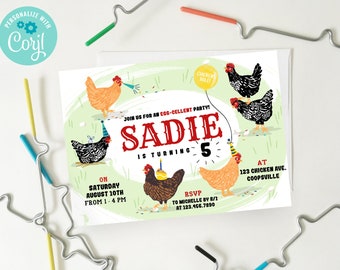 May include: A colorful invitation for a 5th birthday party with a chicken theme. The invitation features the name "SADIE" in red letters and the text "JOIN US FOR AN EGG-CELLENT PARTY!" The invitation also includes a date, time, and location for the party.