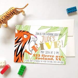 May include: A green and yellow jungle-themed invitation for a child's 5th birthday party. The invitation features a cartoon tiger with a bright orange and black striped pattern. The text on the invitation reads "Join us for a roaring good time! Jude's Five! May 10th at 2 PM. 222 fierce ave. Zooland, XX. Please RSVP to Michelle by 4/28 Text/Call 0XXXX XXX-XXXX"