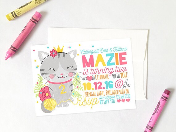 Cute Kitty Birthday Digital Invite, Cat Invitations Printable, Modern Cat Birthday Invitation