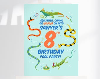 May include: A blue and green birthday party invitation with a cartoon snake, lizard, and the text "SSSLITHER, CRAWL OR SPLASH ON INTO SAWYER'S 8TH BIRTHDAY POOL PARTY!"