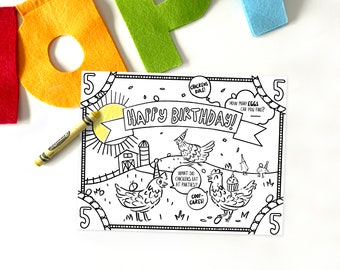 Chicken Birthday Party Coloring Placemat, Chicken Party Printable Placemat,