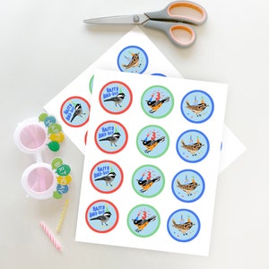 Bird Birthday Party Cupcake toppers, Age 3 Songbird Birthday Cupcake Toppers, Bluebird Printable Tags, Round Bird Cupcake toppers