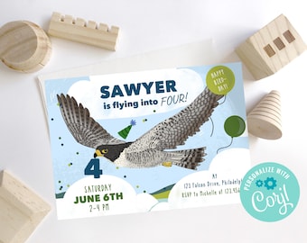 Invitación para fiesta temática del halcón peregrino, Invitación para fiesta de aves rapaces, Invitación para el Día de las Aves para Niños, Fiesta del Halcón